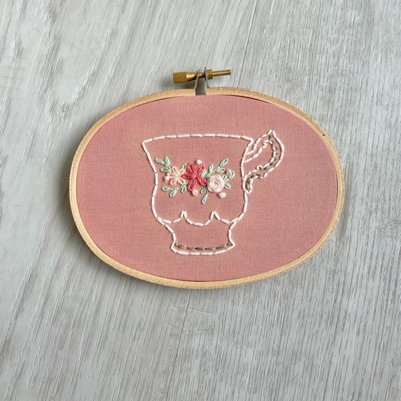 3/$20 Embroidery Hoop Art of Teacup with Flowers - Picture 2 of 4